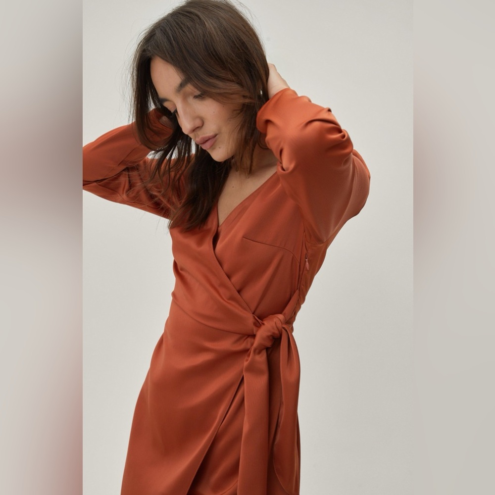 E.Ssue Burnt Orange Long Sleeve Wrap Dress